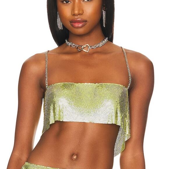 Lovers + Friends Metallic Green Chainmail Crop Top MEDIUM Iridescent Coachella - Picture 1 of 9